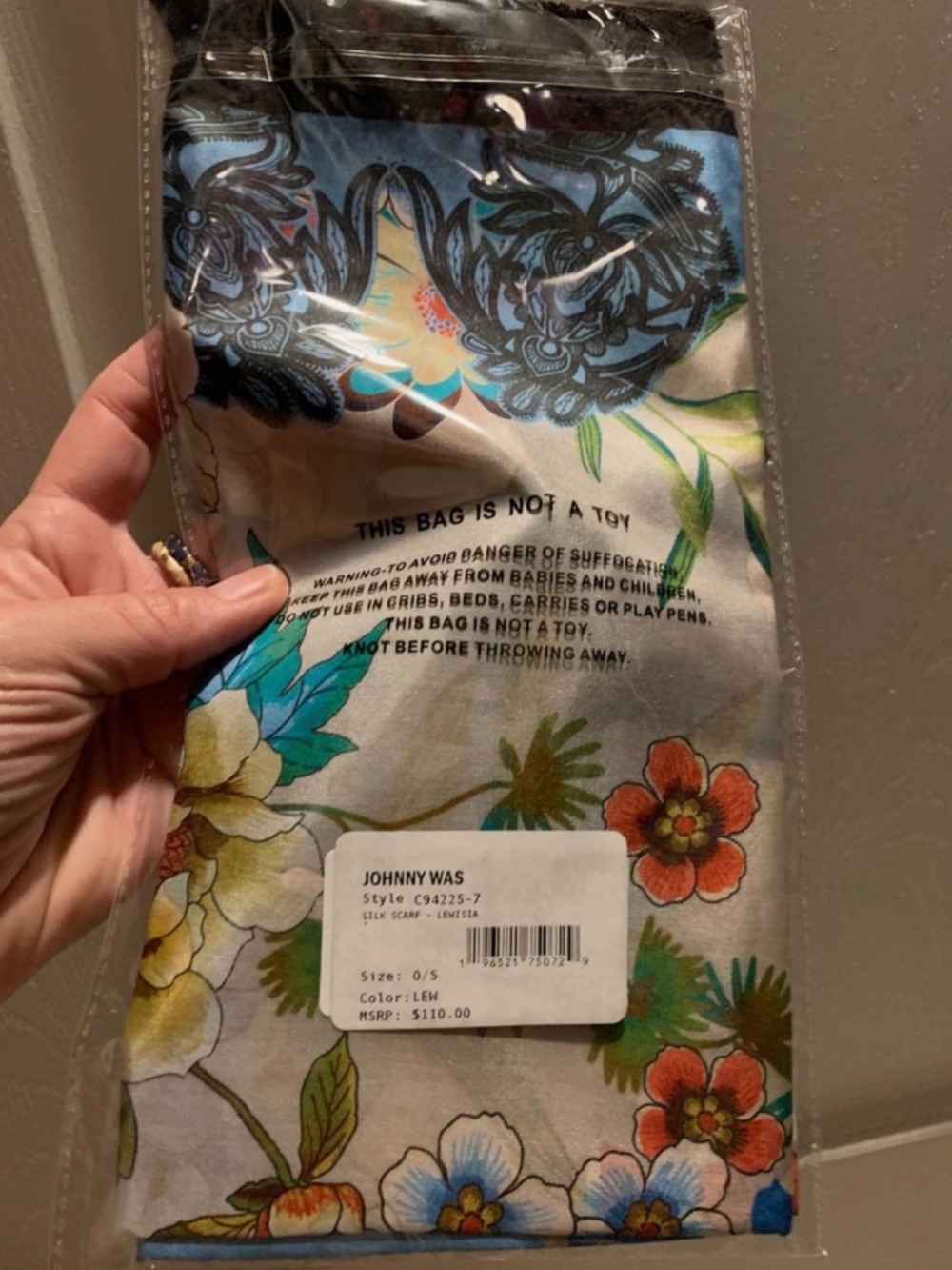 NWT unopened Johnny Was Silk Scarf Blue w Black Tassels, NEW - Picture 2 of 13